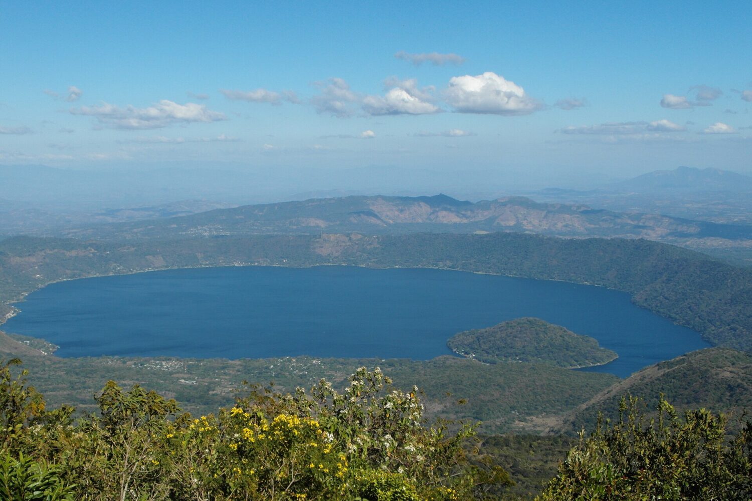 Panoramic view of Lake Coatepeque and its volcanic caldera