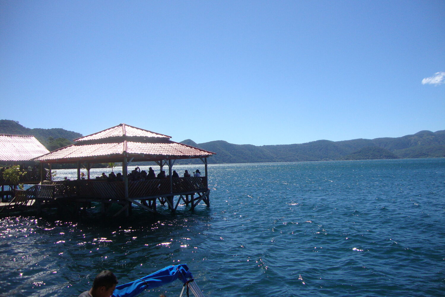 Lakeside restaurant dock on the shore of Lake Coatepeque